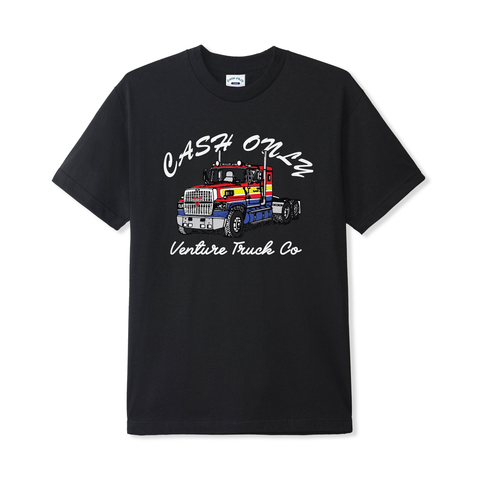 Black T-Shirt with big screen printed graphic of a truck, by a collaboration of the brands Cash Only and Venture Trucks