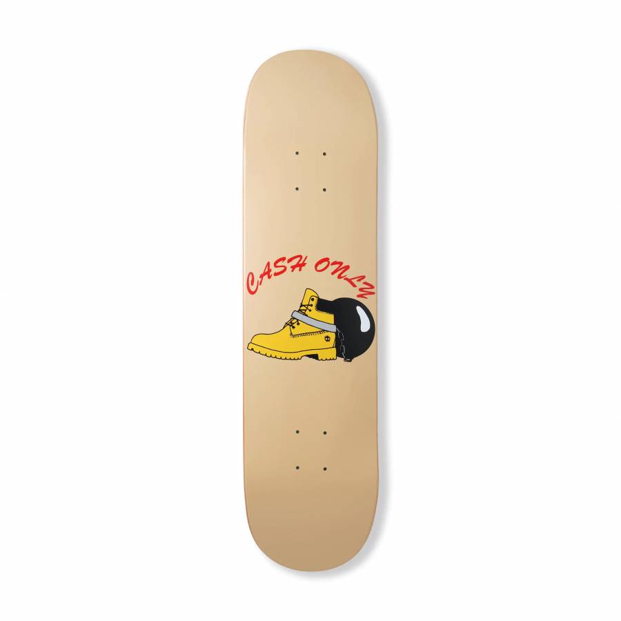 Skateboard deck with a graphic of a yellow boot and helmet, and 'Cash on 22' text, on a beige background.