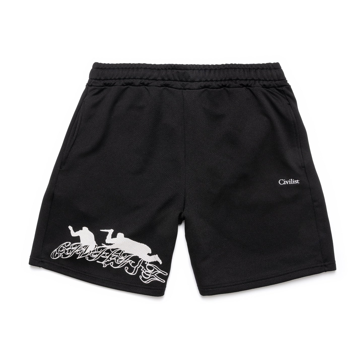 Black shorts with white graphic design on a white background