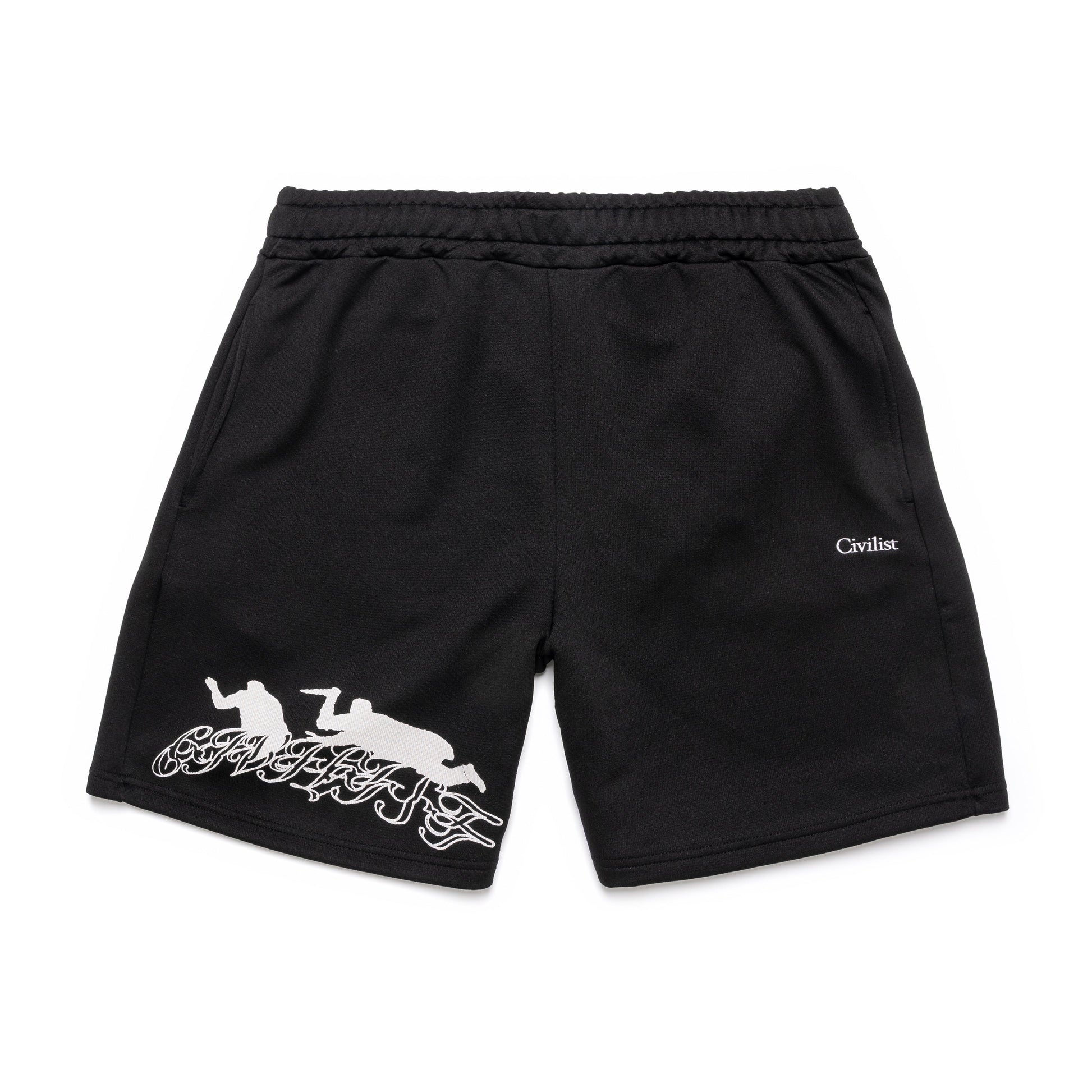 Black shorts with white graphic design on a white background