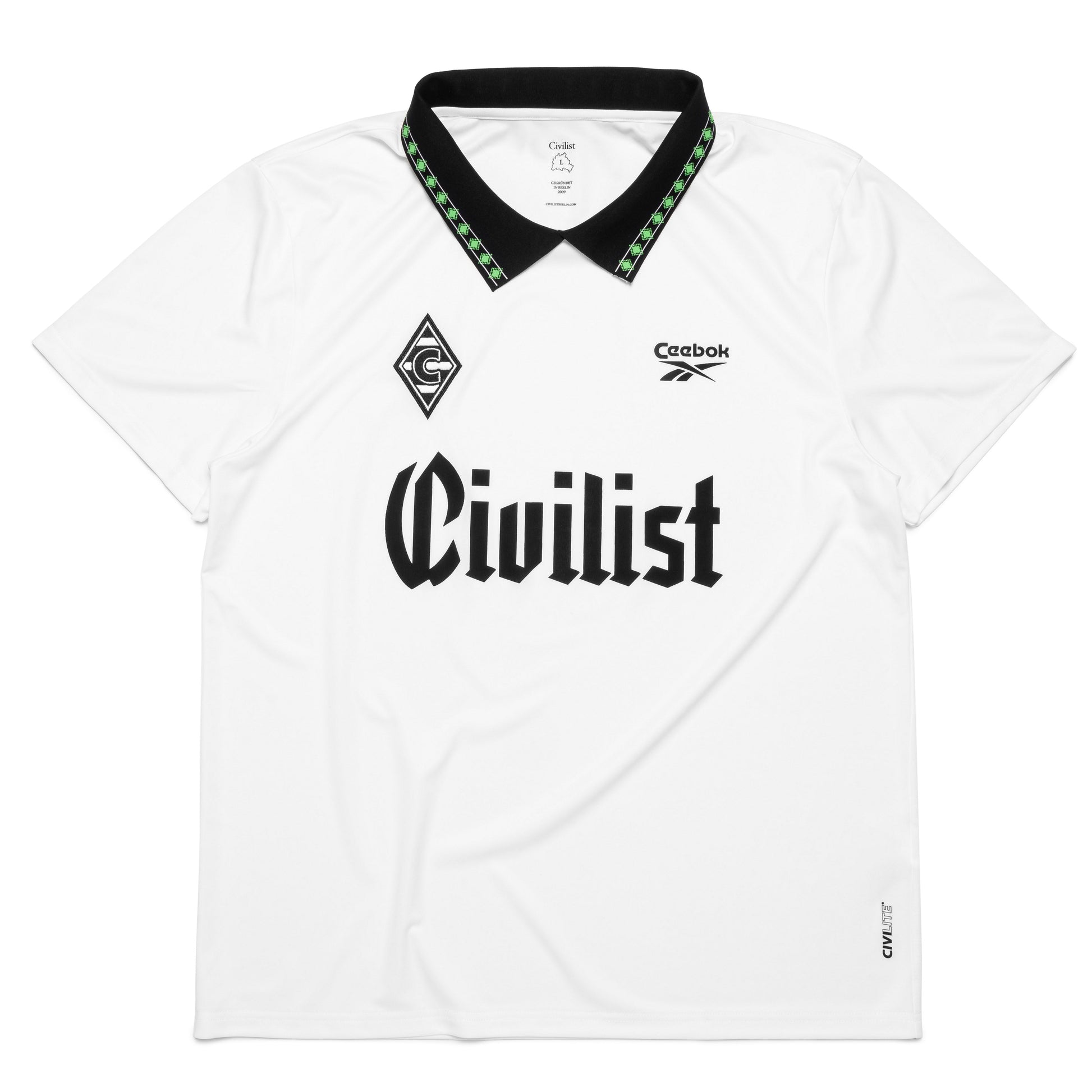 White sports jersey with 'Civilist' branding 