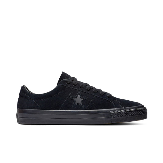 Black sneaker with a star logo on a white background