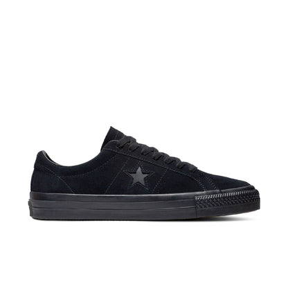 Black sneaker with a star logo on a white background
