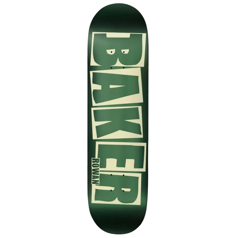 Green skateboard deck with 'Baker' branding on a white background