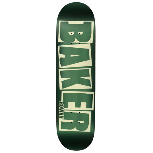 Green skateboard deck with 'Baker' branding on a white background