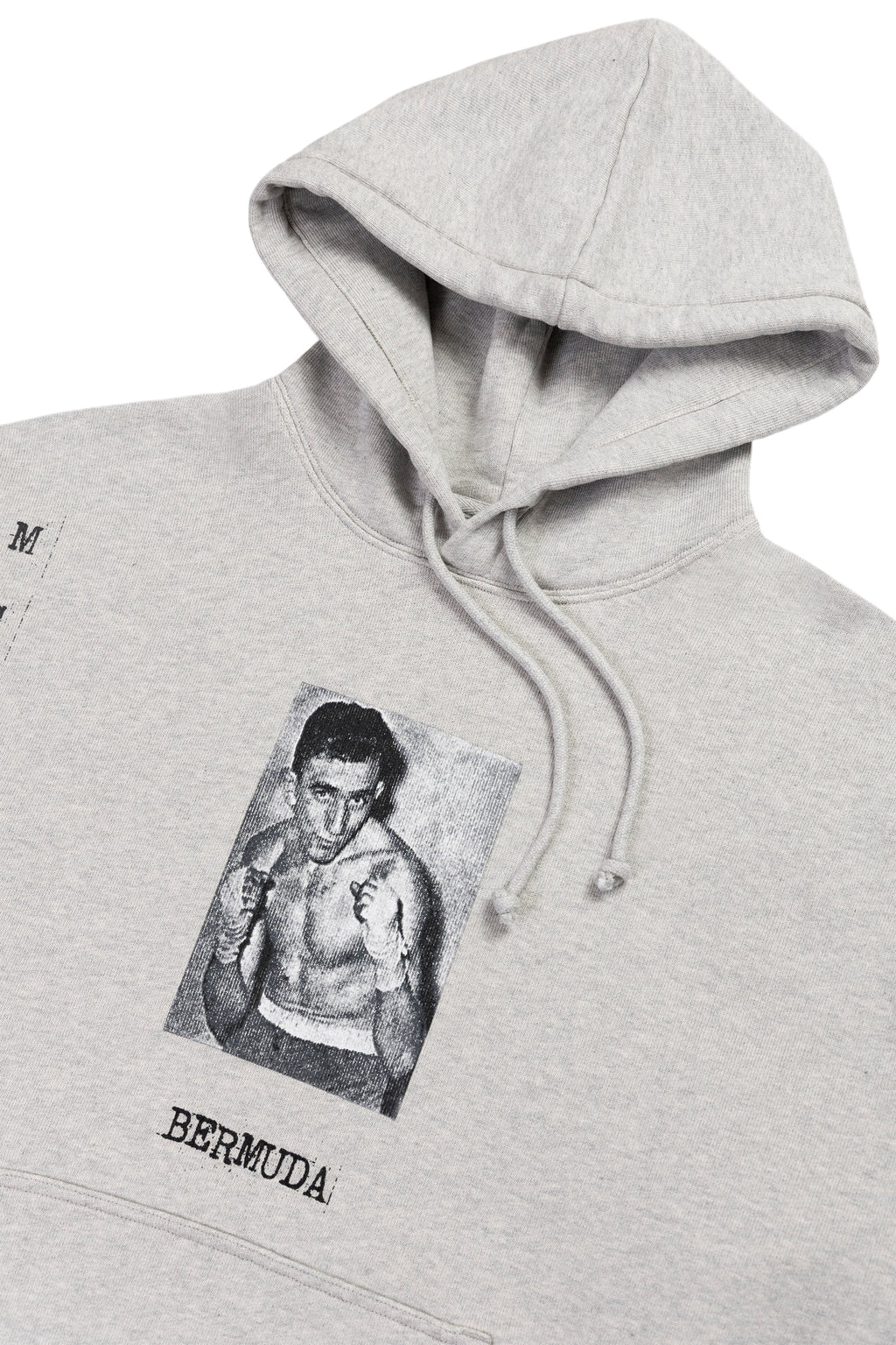 Gray hoodie with a graphic of a boxer and 'Bermuda' text on a white background