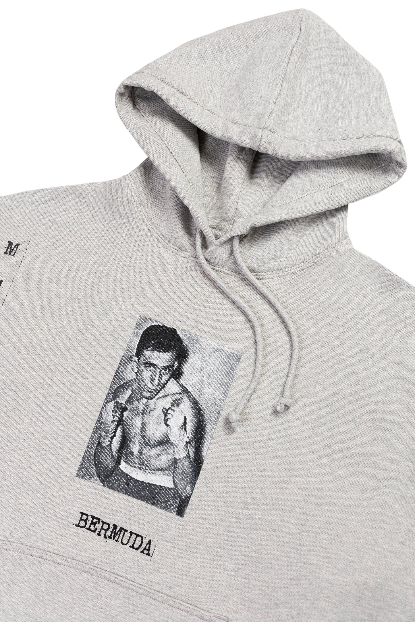 Gray hoodie with a graphic of a boxer and 'Bermuda' text on a white background
