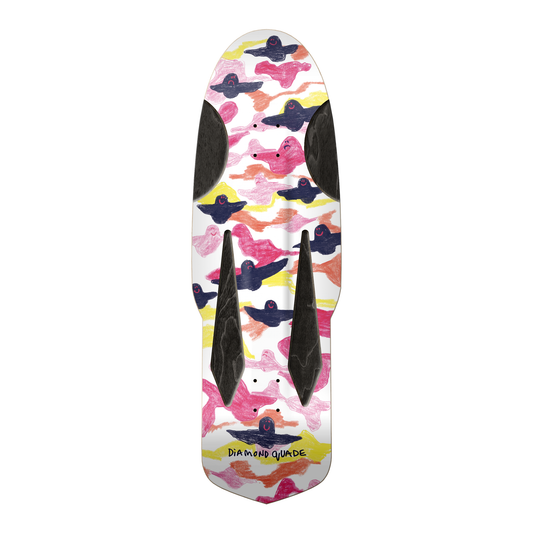 Colorful skateboard deck with shark design on a white background
