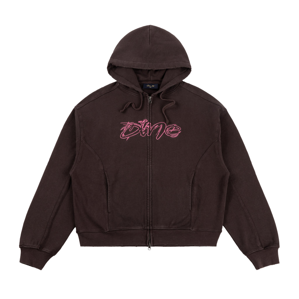 Distressed Terry Zip Hoodie - Acid Brown