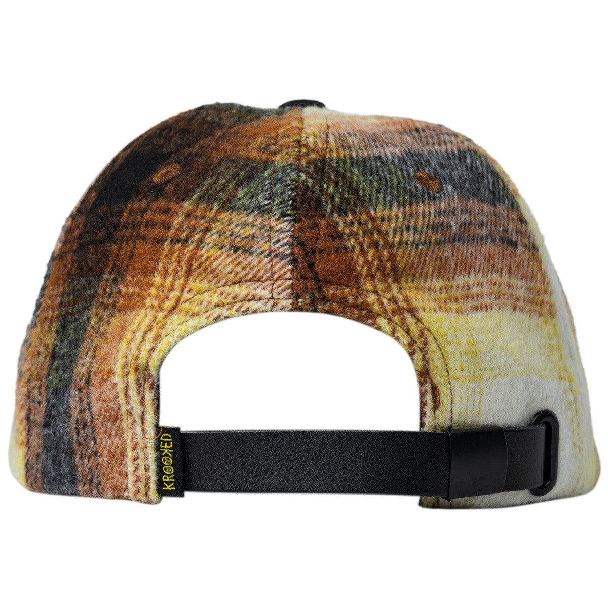 Plaid patterned cap with a black strap on a white background