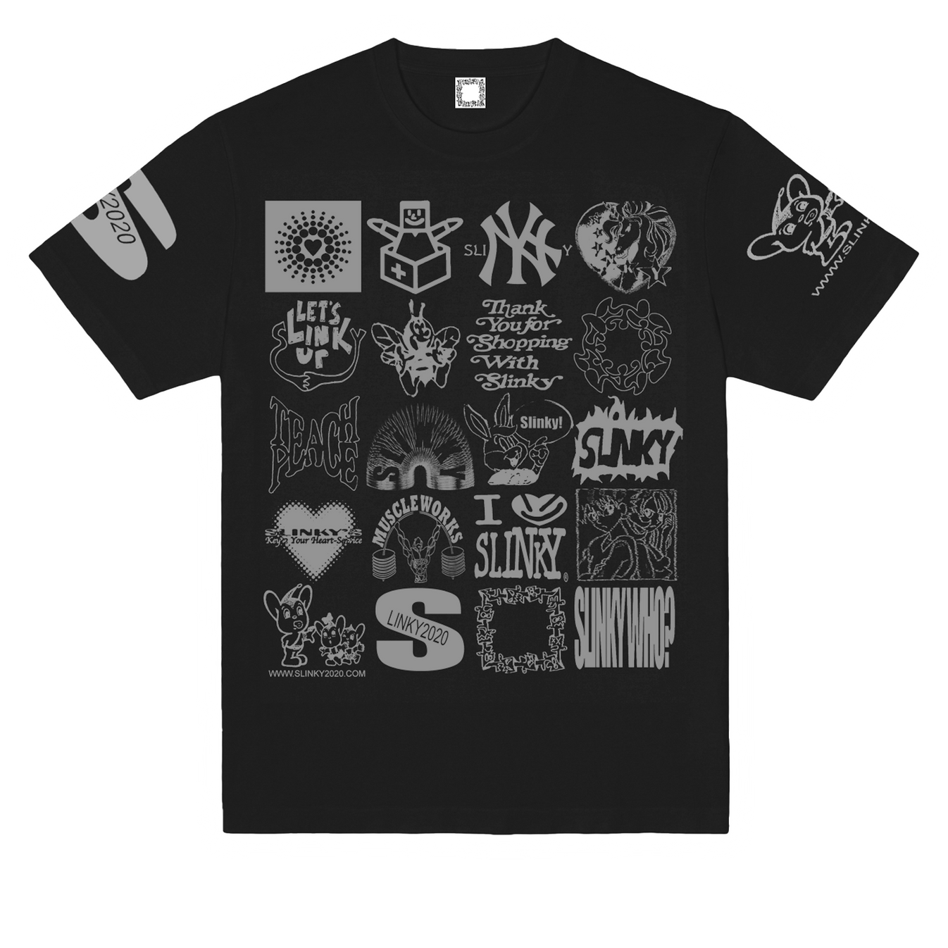 Black t-shirt with white graphic designs on a white background