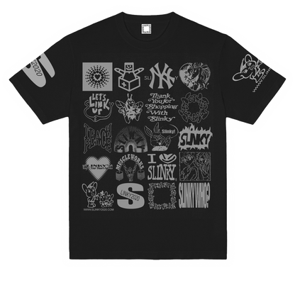 Black t-shirt with white graphic designs on a white background