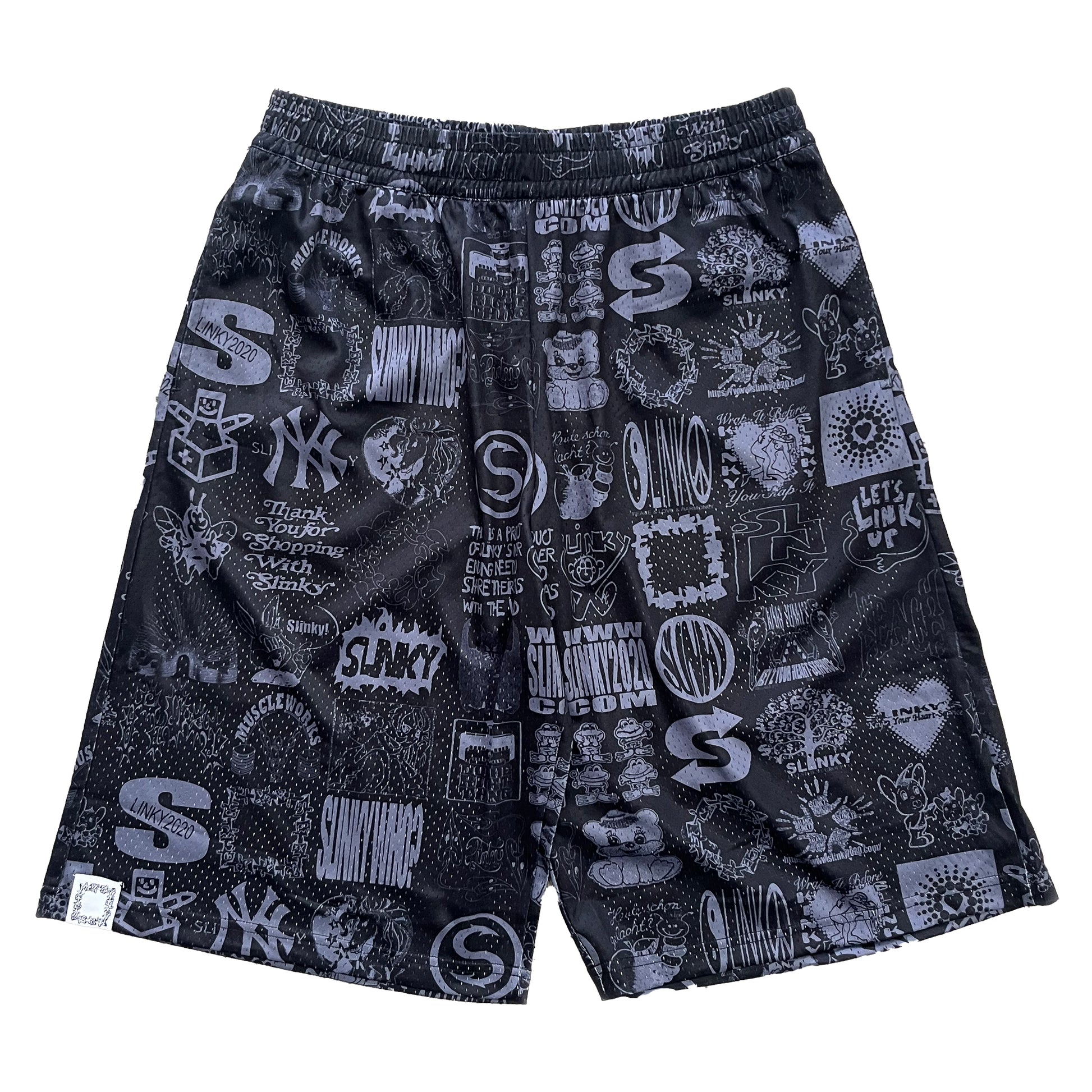 Black shorts with graphic designs on a white background