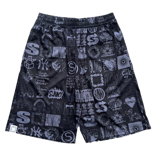 Black shorts with graphic designs on a white background