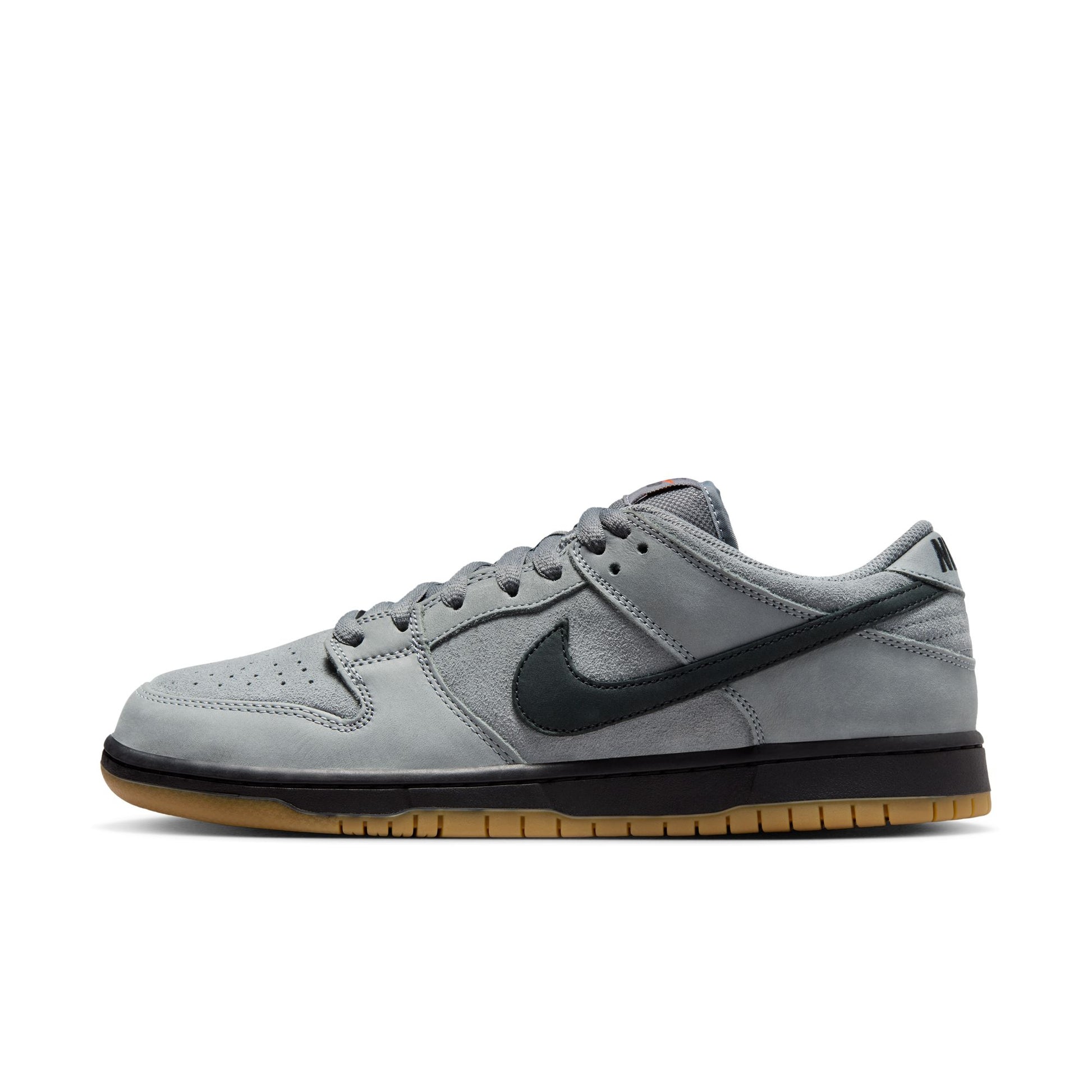 Gray sneaker with black swoosh logo on a white background
