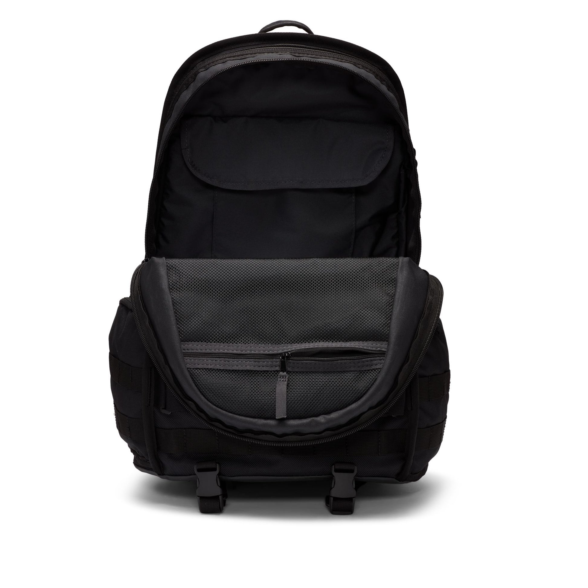 Black backpack on a white background