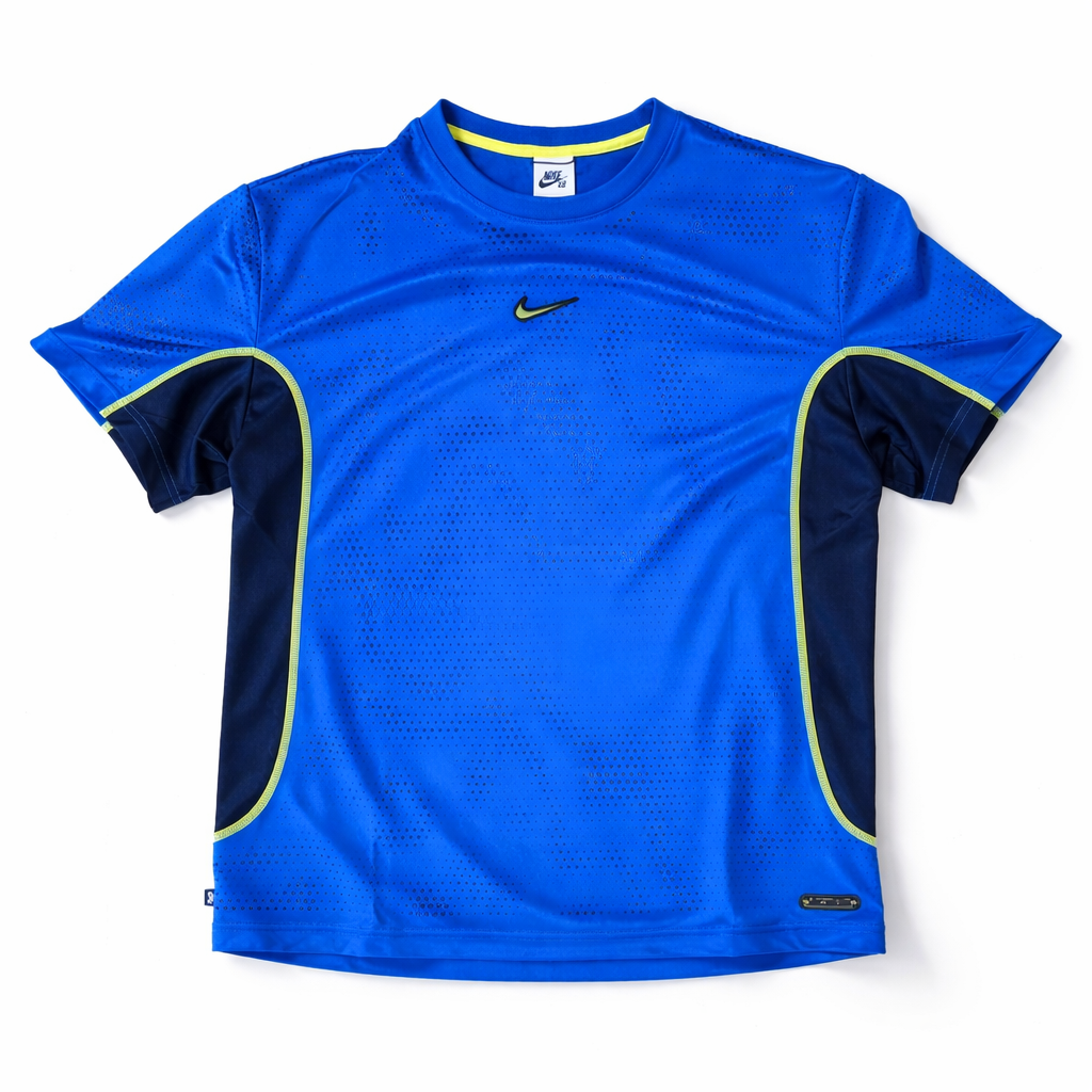 Blue athletic shirt with Nike logo on a white background