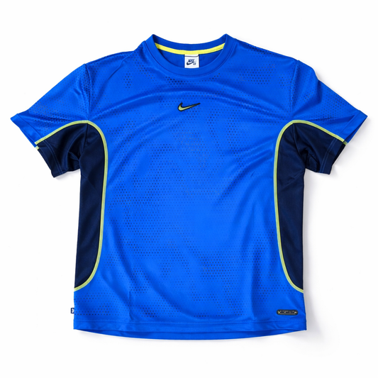 Blue athletic shirt with Nike logo on a white background