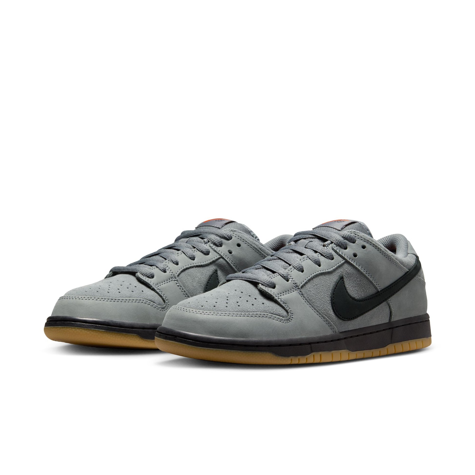 Gray sneakers with a black logo on a white background