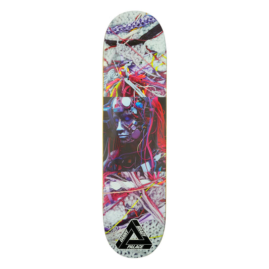 Skateboard deck with colorful abstract design and Palace Skateboards logo.