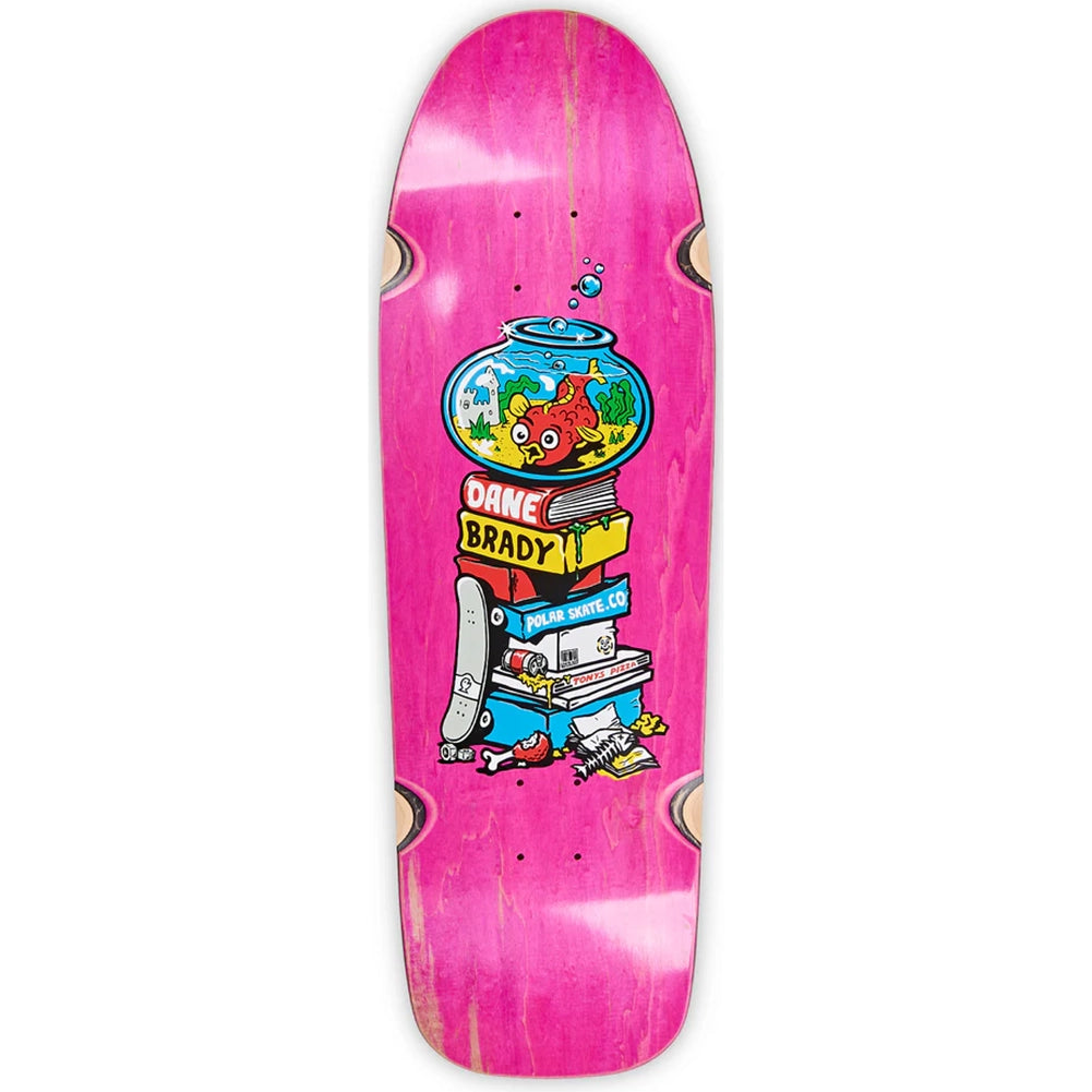 Pink skateboard deck with a colorful graphic design on a white background