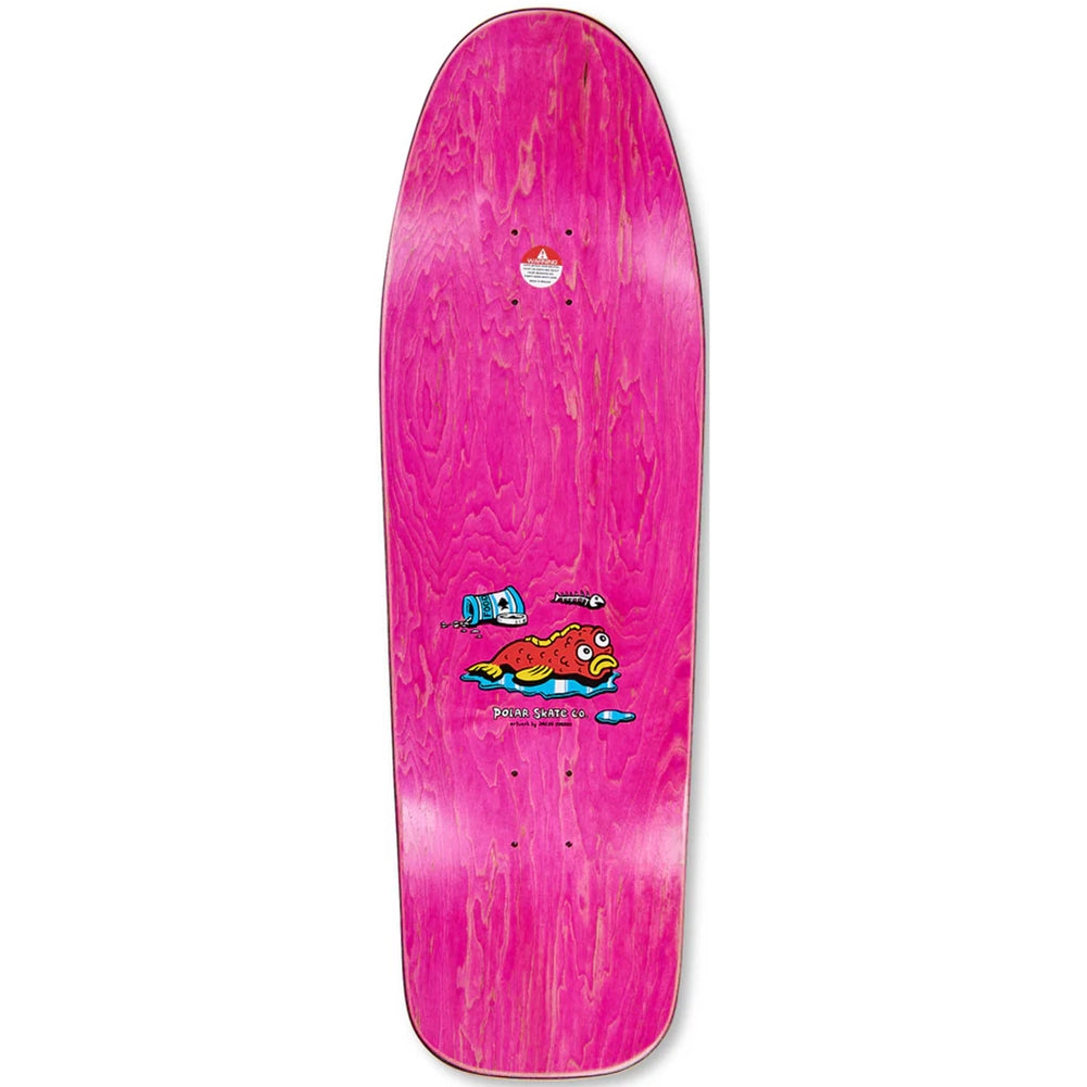 Pink skateboard deck with a colorful graphic on a white background