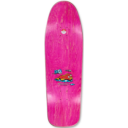 Pink skateboard deck with a colorful graphic on a white background
