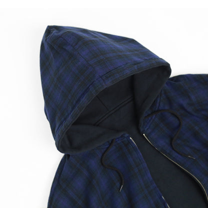 Camisola com Capuz Reversível de Xadrez com Fecho - Preto / Azul-Escuro