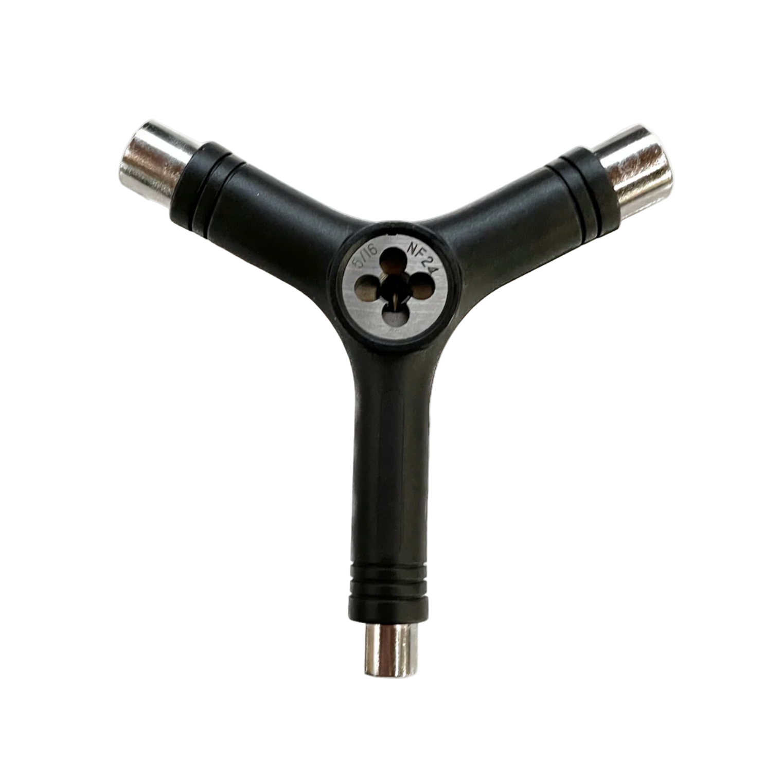 Black Y-shaped tool with metallic ends on a white background