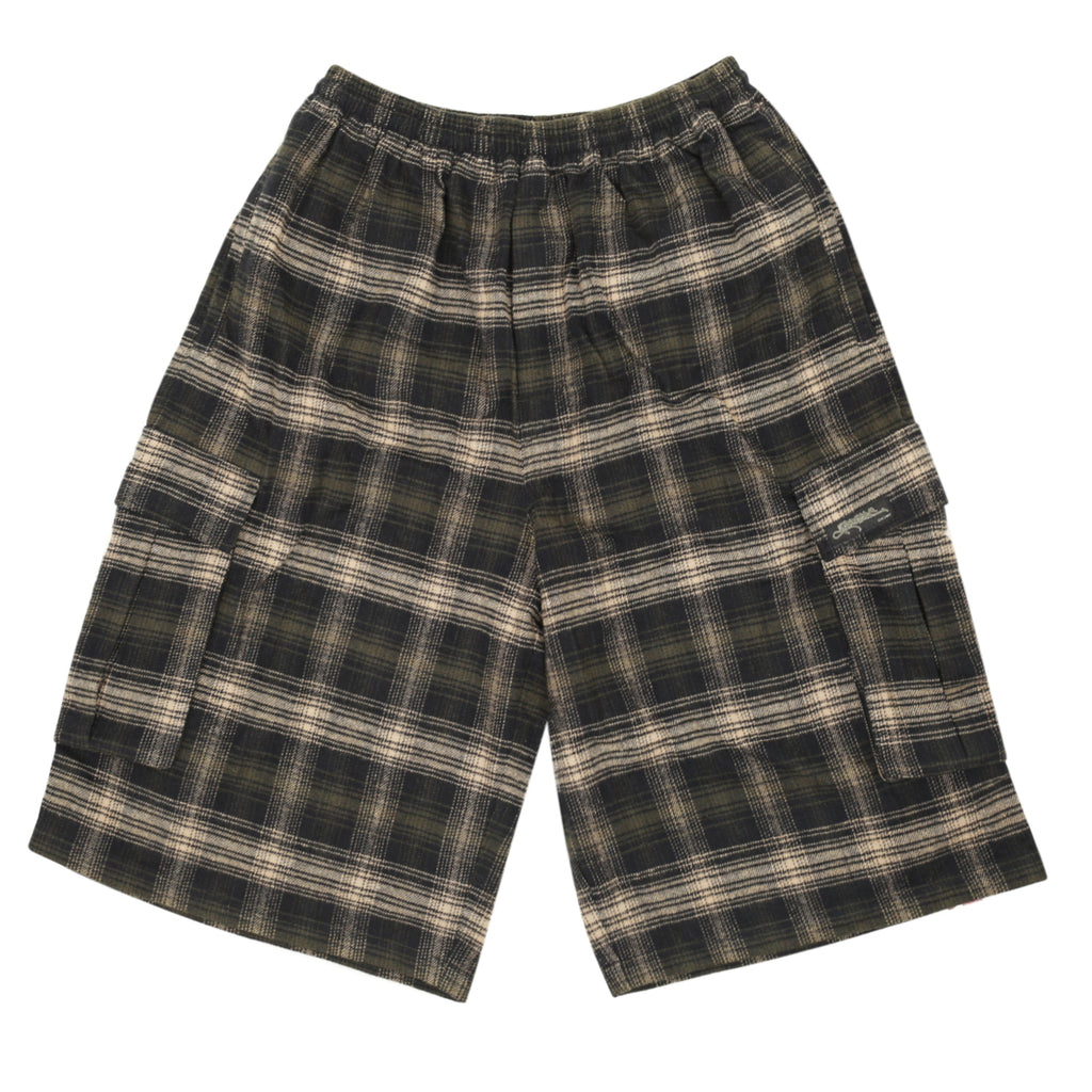 Yardsale Shoreline plaid shorts brown front view – UK skateboarding cargo shorts