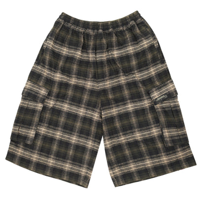 Yardsale Shoreline plaid shorts brown front view – UK skateboarding cargo shorts