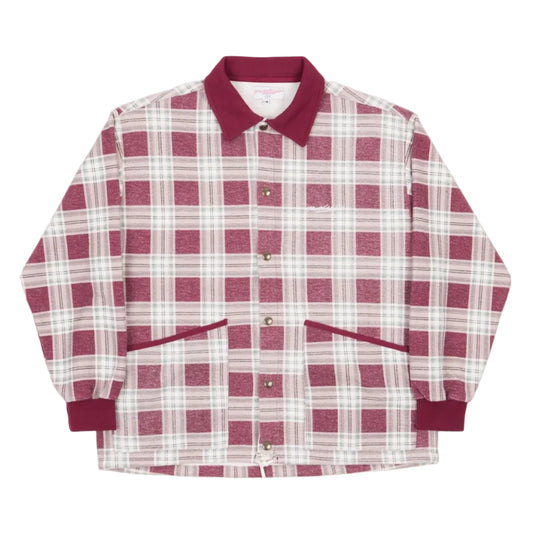 Plaid shirt with red and white pattern on a white background