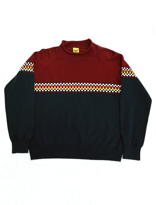 Checkered Raglan Rolltop Knit Sweater - Maroon / Navy